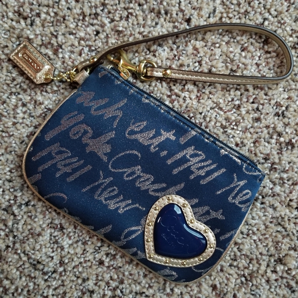 Coach gold navy blue Signature wristlet